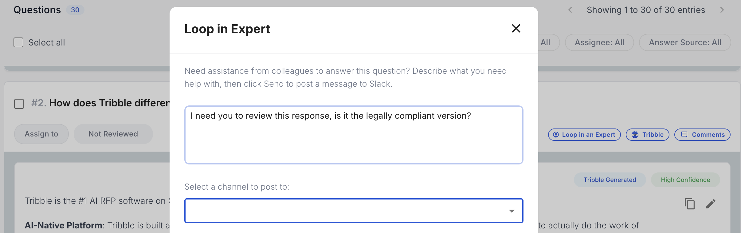 Tribble Loop in Expert feature routing questions to subject matter experts via Slack